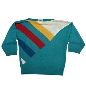 Vintage Skiva International Sweater Large Women Blue Striped Knit Taiwan 80s